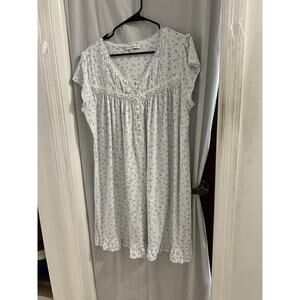 Eileen West Blue Green Floral Chemise Nightgown Ruffle Hem Sz L Jersey Knit